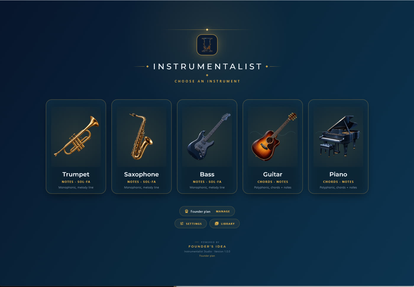 The Instrumentalist home screen: five instrument cards for trumpet, saxophone, bass, guitar and piano, with plan, settings and library buttons beneath.